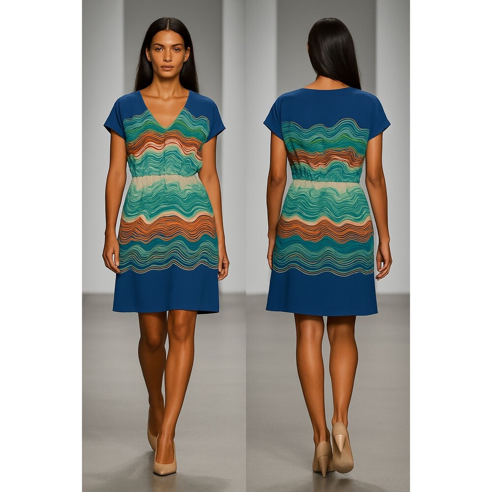 Trina Turk Abstract Ocean Wave Caspian Watercolor Shift Dress 100% Silk Size 4